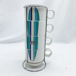 RonJon Surf Shop Logo Surfboard Stackable Espresso Coffee Mugs w Stand Set of 4